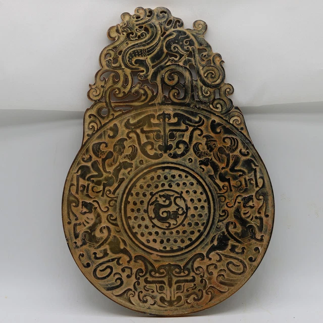 Chinese hand carve jade openwork Bi Disc with Chi dragon human beast grains D241