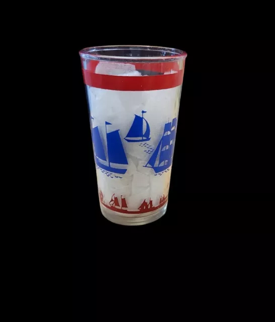 Vintage 1950's Hazel Atlas 6oz Juice Glass Ships Sailboats Nautical Blue and Red