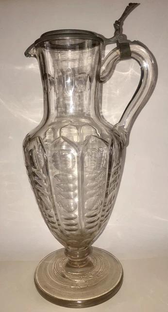 Hand Blown German Stein Cut Glass Crystal Pewter Lidded Wine Beer Server c1850s