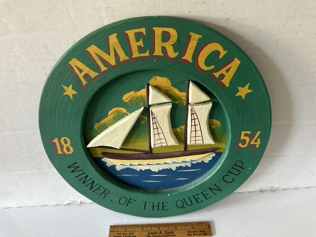 Vintage 3D Wall Plaque Yacht America 1854 Winner Queen Cup Hand Painted Folk Art