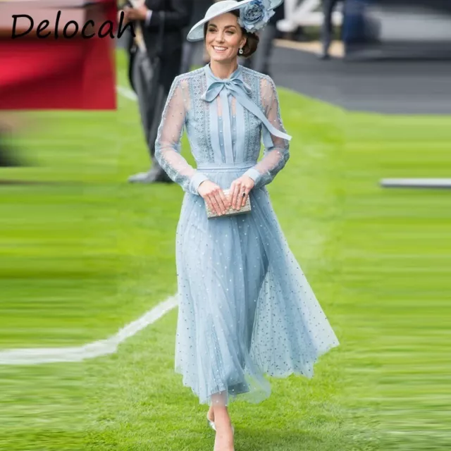 Kate Middleton Princess Runway Vintage Lace Dress Mesh Long Sleeve Embroidery