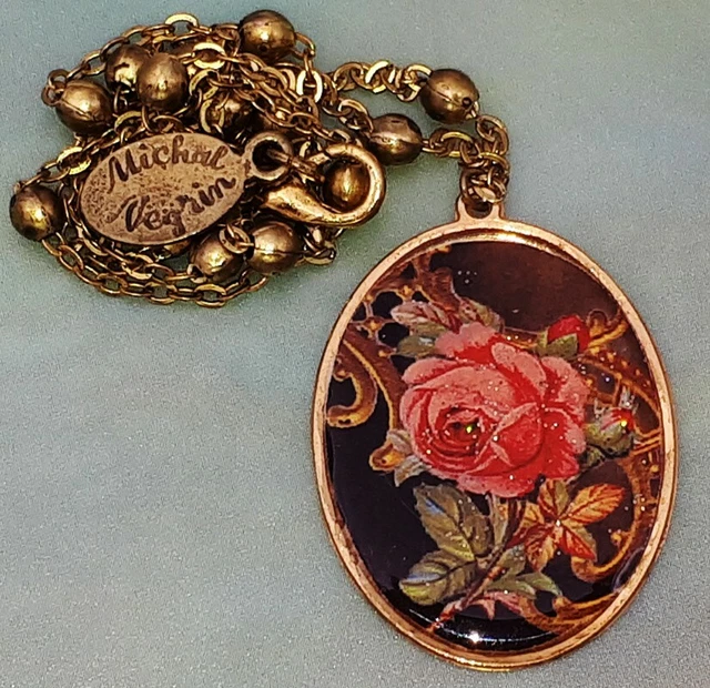 Michal Negrin Necklace Vintage Rose Oval Pendant Chain Victorian Floral Cameo