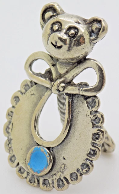 Vintage Italian Handmade Genuine Silver Baby Bib Teddy Bear Dollhouse Miniature