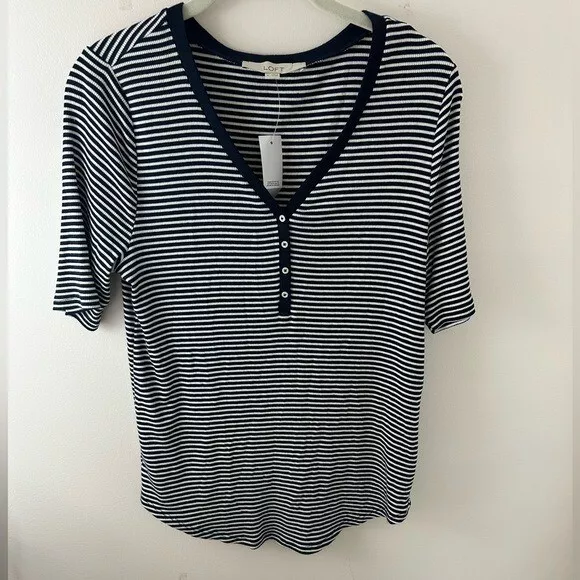 LOFT NWT Striped Henley Shirt Top M navy blue white