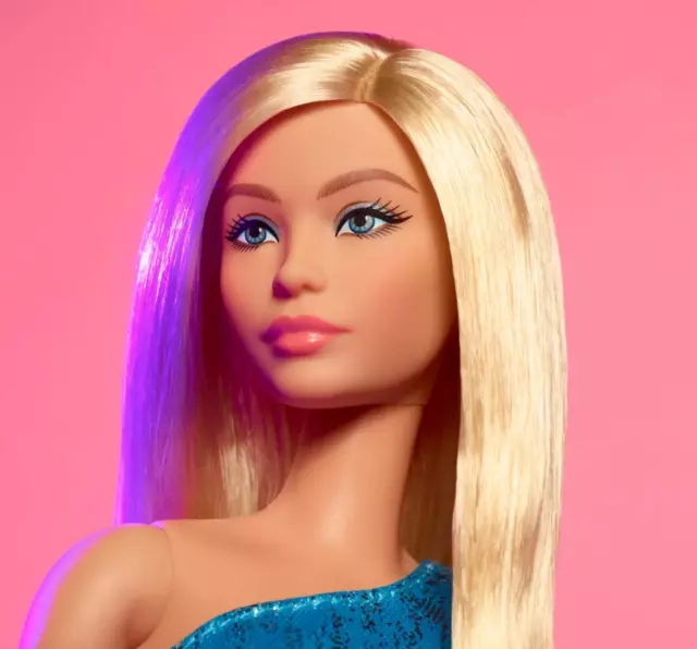 New Barbie Looks 2024 Pastel Blue Metallic Shoulder Dress Blonde Hair