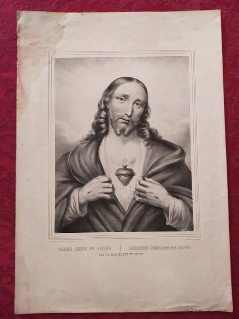 Gravure Religieuse Du XIXe Siècle - Sacré Cœur De Jésus En Couleurs - Original