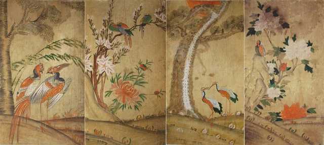 A Fine Korean Bird and Flower 4 Panel Paintings (花鳥圖)-19th C.