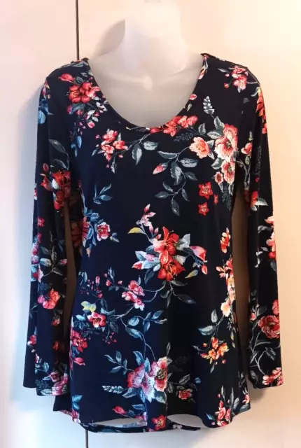 Falls Creek womens Blue floral long sleeve keyhole twist back Small top blouse