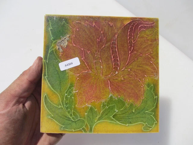 Antique Ceramic Tile Vintage Floral Art Nouveau Flowers Old Leaf