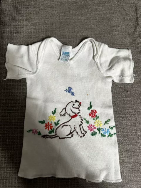 Vintage Infant white Tee Shirt  w / Embroidered Dog, Flowers