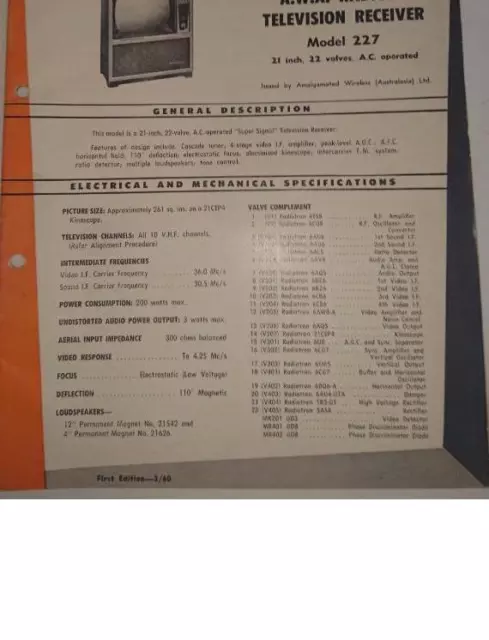 Vintage AWA Radiola Television Model 227- Technical Info & Service Data 1960