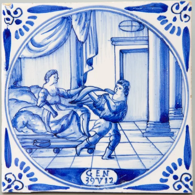 Nice Dutch Delft blue biblical tile, Genesis 39:12, circa 1900.