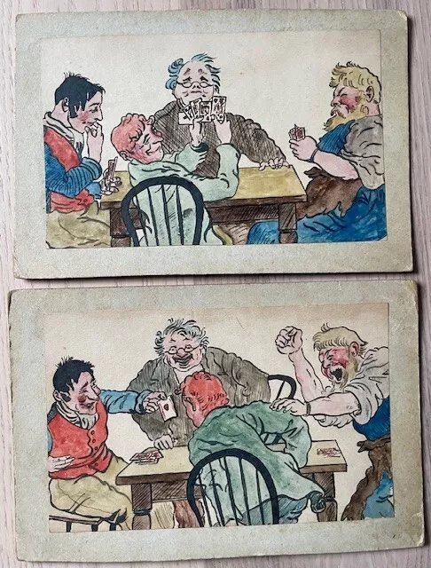 Playing Card Game - Pair of late 19th century watercolour paintings