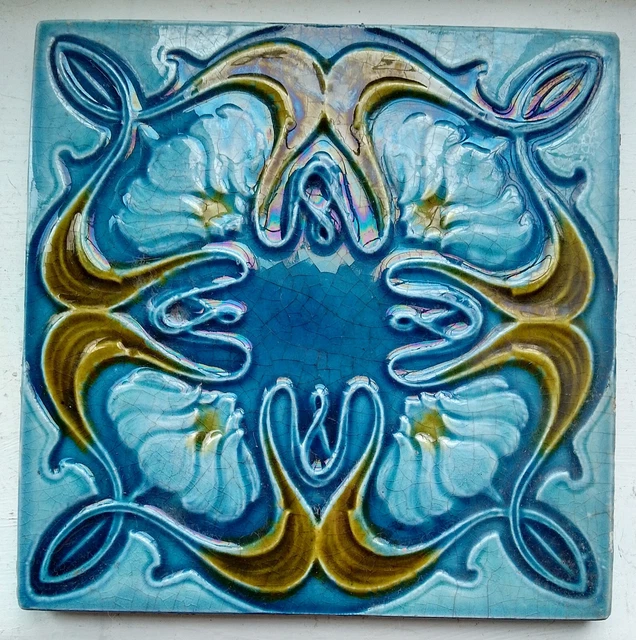 Original CLEVELAND  6" x 6" Antique High Relief Majolica  Art Nouveau Tile.