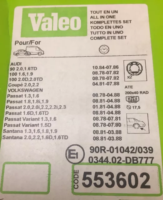 Valeo Kit Freins A Tambours Arriere Neuf Ref 553602 @ Vw Passat, Santana N2230 3