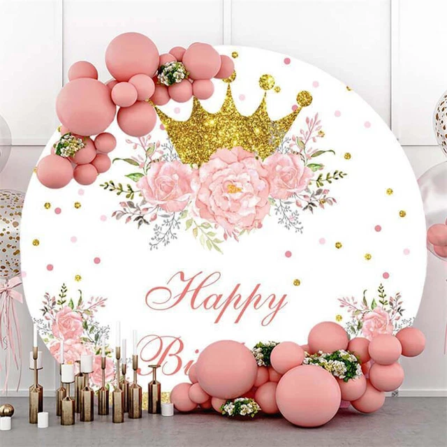 Pink Flower Diamond Circle Happy Birthday Backdrop