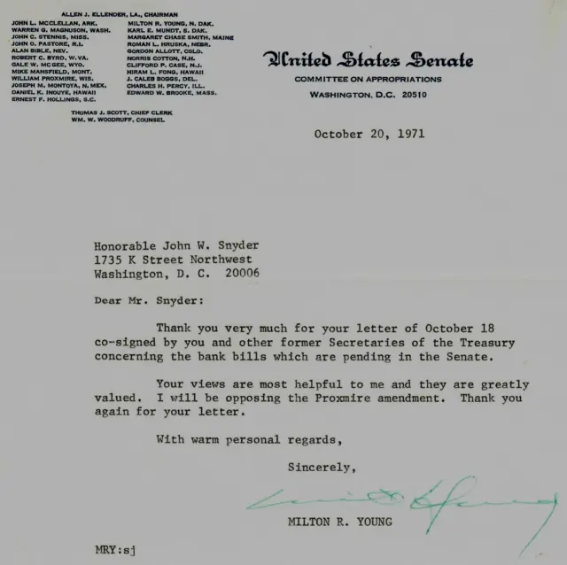 "North Dakota Senator" Milton Young Signed TLS Dated 1971