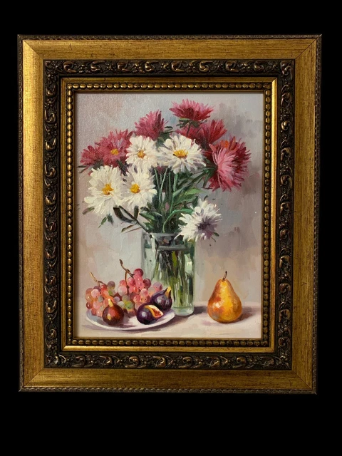 Original Miniature Oil Painting Antique Style Flowers With Ornate Frame