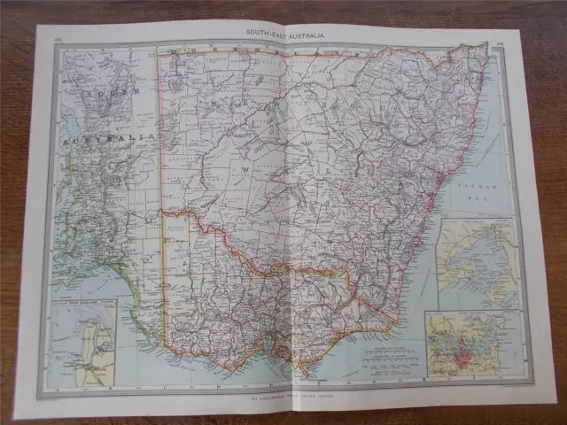 Antique c1904 Colour Map SOUTH EAST AUSTRALIA HARMSWORTH ATLAS VGC