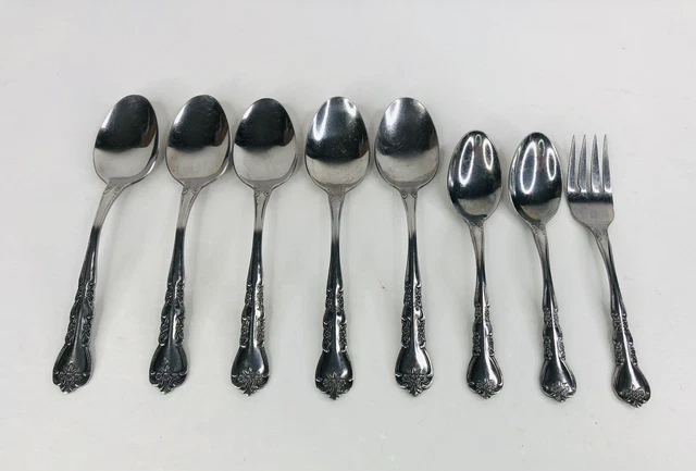 Rogers Rose Stainless Flatware Korea 5 Soup Spoons 2 Tea Spoons 1 Fork Floral