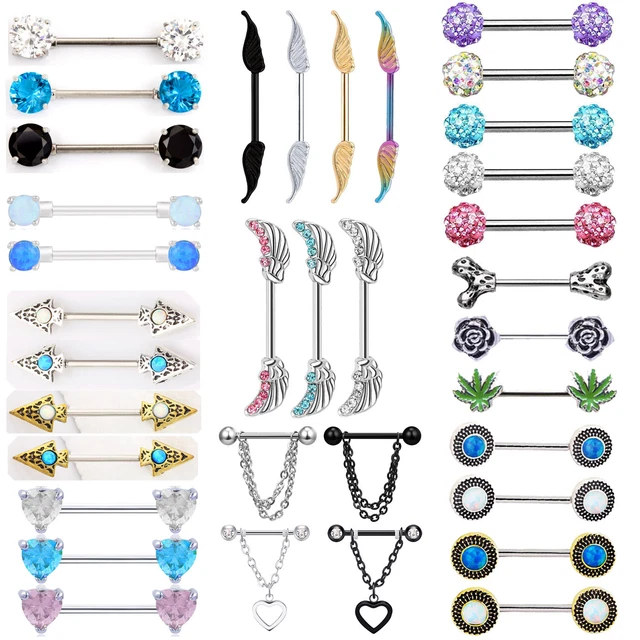 Pair 14G Nipple Rings Tongue Ring Surgical Steel Crystal Opal Piercing Barbells