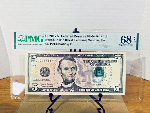 2017-A $5 Federal Reserve Note PMG 68EPQ LOW 4 DIGIT *Star* Serial #PF00008578*
