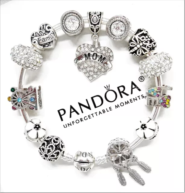 PANDORA SILVER CHARM BRACELET WITH WHITE CRYSTAL HEART LOVE FAMILY CHARMS &  BOX! 