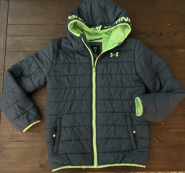 Under Armour Youth Boys Sz Large Cold Gear Gray/Neon Green Puffer Jacket Hooded