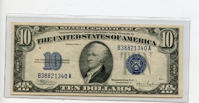 1934 C Ten Dollar Silver Certificate  Free Shipping 2291