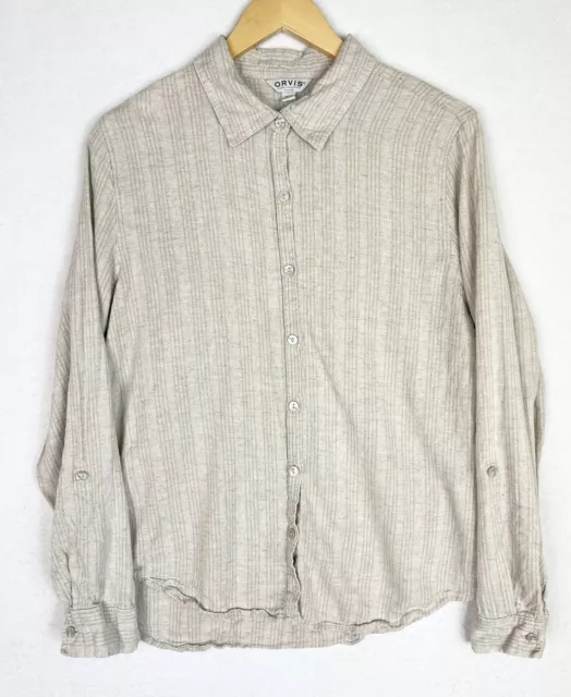 Orvis Womens Medium Linen Blend Striped Button L/S Shirt Roll Cuff Beige
