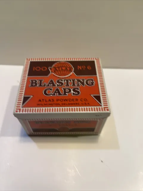 ATLAS POWDER CO NO 6 BLASTING CAPS TIN 100 COUNT TIN SIGN EMPTY CAN clean ref-A