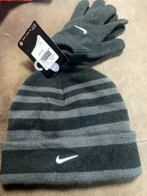 BOYS YOUTH NIKE Winter Beanie Hat and Gloves Set Black & Grey Size 8-20 ...