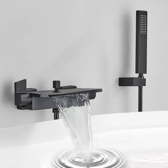 Matte Black Waterfall Bathtub Faucet Wall Mount Tub Spout Tub Filler with Shower