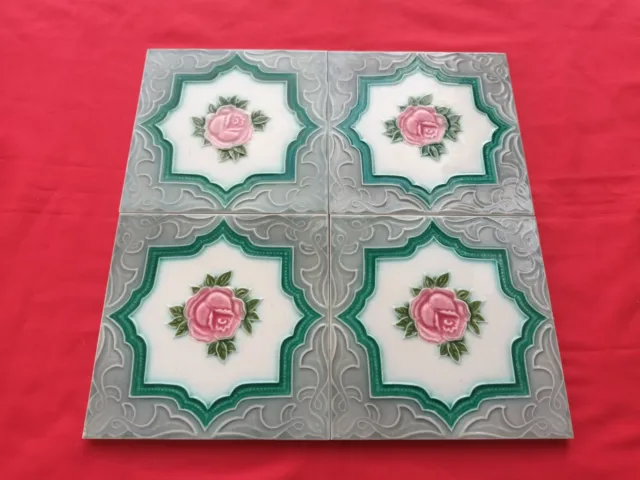 4 Piece Old Art Floral Embossed Design Majolica Ceramic Tiles Japan 0272 2