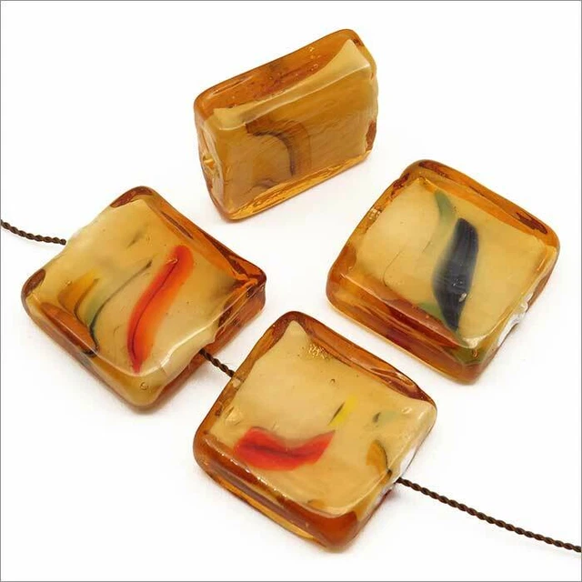 Lot de 4 Perles en Verre Lampwork style confetti Carrées 20mm Topaze