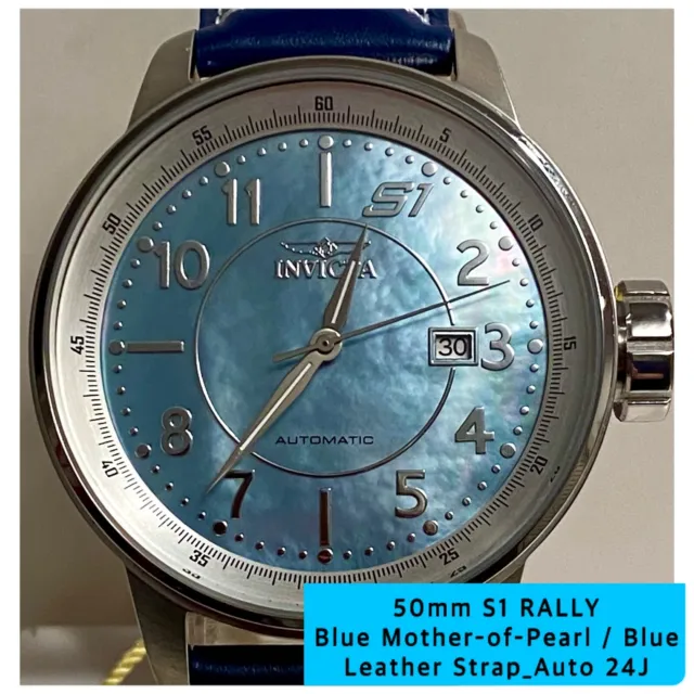 S1 RALLY_Sky Blue MOP_48mm Silvertone_Blue Leather Strap_Auto_INVICTA Mens Watch
