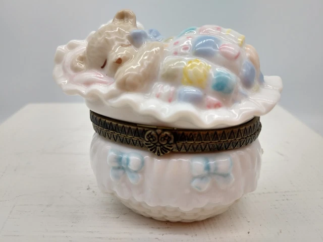 Vintage Hinged Trinket Box Teddy Bear Sleeping under a Quilt  2 1/2 inches