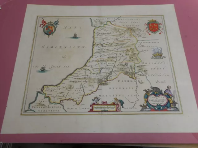 100% Original Large Cardiganshire Map By J Blaeu C1646 Hand Coloured Latin Text