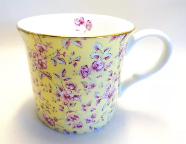 Katie Alice Floral Chintz Fine Bone China Mug Pink Blossoms on Yellow Background