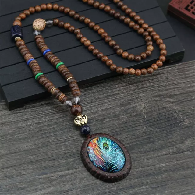 Nepal buddhistische Mala Bead Anhänger Halskette Ethnische Horn Fisch Langer