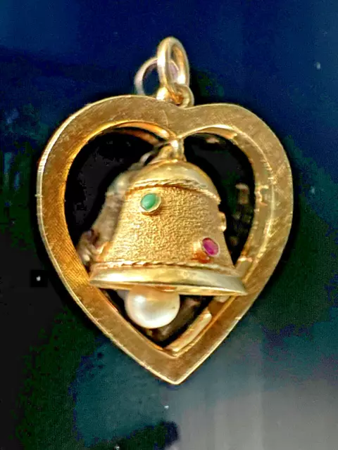10gr VTG 14k GOLD Heart Wedding Bell Multi Stone Moveable Chimes Charm Pendant
