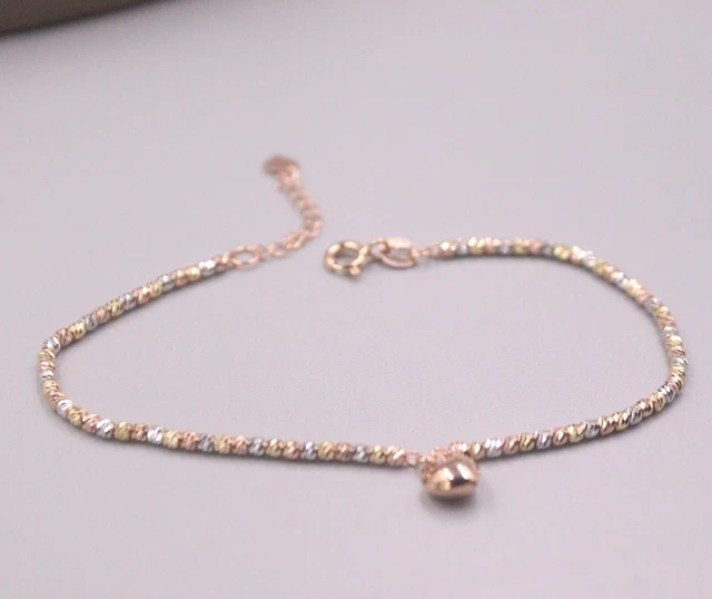 Pure 18K Multi-Tone Gold Chain Women Heart Carved Beaded Link Bracelet 2.9g  