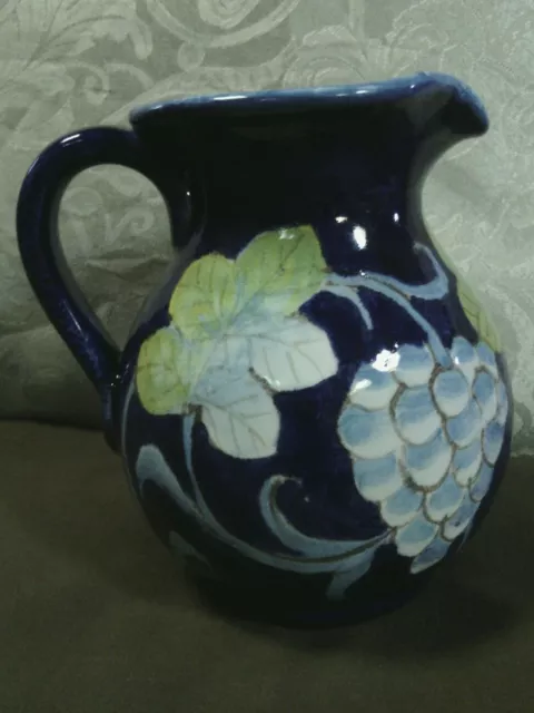 Beautiful Vtg.Italian Pottery Majolica Grapevine Cobalt Blue Small Pitcher,Italy