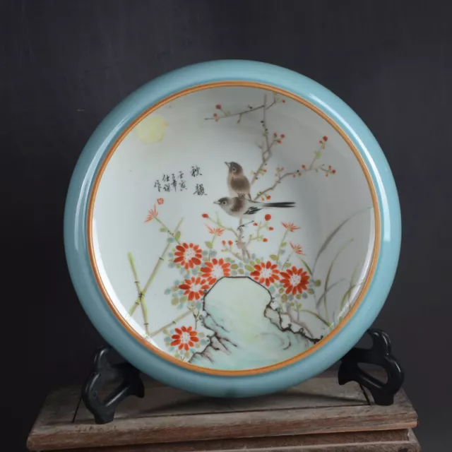 7.1" Chinese Porcelain Hand Painting Blue Glaze Plum Blossom Bird Brush Washer 2