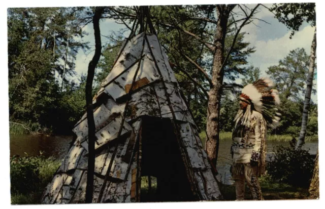 Indian Chief with Birch Bark Tepee printed in Eau Claire Wisconsin postcard