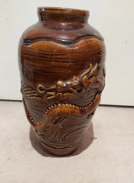 Unique Chinese Brown-Glazed Dragon Storage Jar Vase H30cm