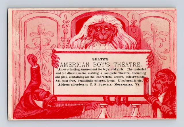 Victorian Trade Card  Seltz's American Boy's Theater Monkeys Anthropomorphic