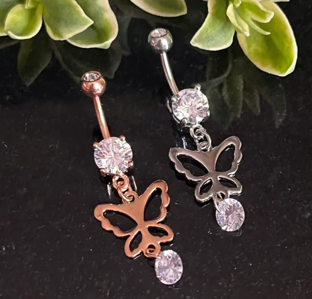 1pc Hollow Butterfly CZ Gem Dangle Surgical Steel Belly Ring Navel Naval