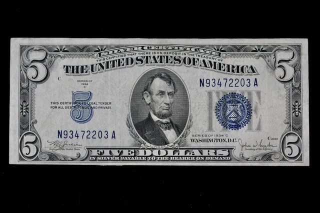 Tough $5 1934C NARROW fp2029 blue seal Silver Certificate N93472203A series C 2