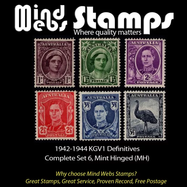 Australian Pre-Decimal Stamps, 1942-44 George V1 Definitives Set 6, Mint Hinged
